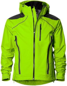 This photo shows the neon green Showers Pass Refuge cycling and mountain biking waterproof jacket.