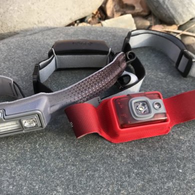 This photo shows the BioLite HeadLamp 200 next to the HeadLamp 330.