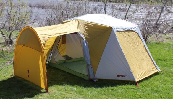 This photo shows the Eureka! Boondocker Hotel 6 Tent with gear garage.