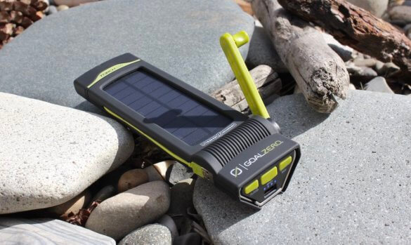 This review photo shows the Goal Zero Torch 250 solar flashlight with the hand crank option extended.