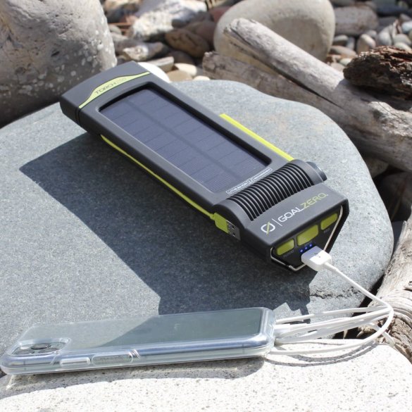 This review photo shows the Goal Zero Torch 250 solar flashlight and phone charger.