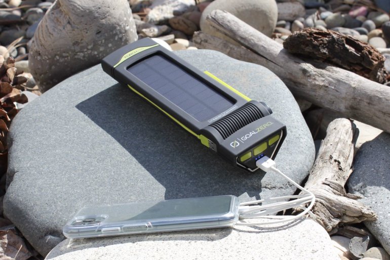 This review photo shows the Goal Zero Torch 250 solar flashlight and phone charger.