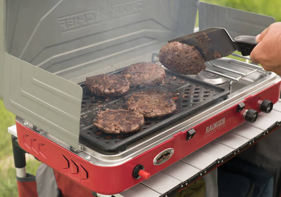 This best camping stove photo shows the Camp Chef Rainier Campers Combo stove and grill.