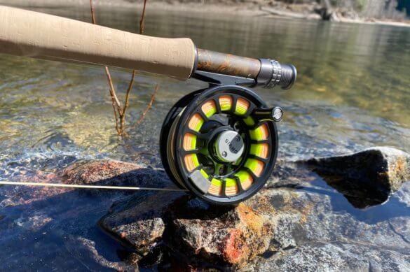 This photo shows a close up of the Orvis Hydros Fly Reel on the Orvis Recon Fly Rod.