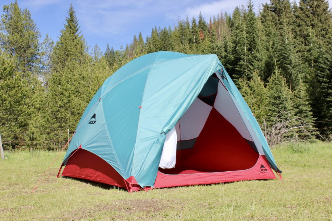 This testing and review photo shows the MSR Habitude 4 Tent sent up at a camping site.