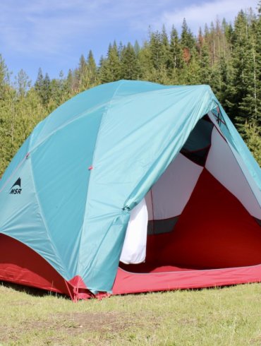 This testing and review photo shows the MSR Habitude 4 Tent sent up at a camping site.