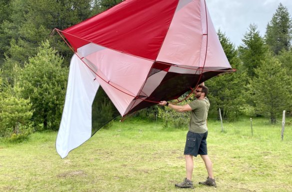 This photo shows the author testing the MSR Habitude 4 Tent while on a camping trip during the review process.