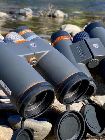 This test and review photo shows the Maven B.1 10x42 binoculars next to the Maven C.1 10x42 binoculars.