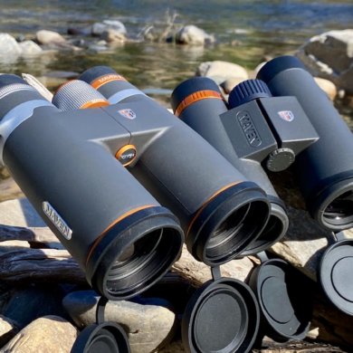 This test and review photo shows the Maven B.1 10x42 binoculars next to the Maven C.1 10x42 binoculars.