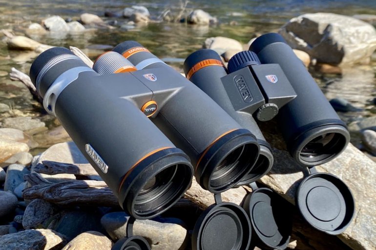 This test and review photo shows the Maven B.1 10x42 binoculars next to the Maven C.1 10x42 binoculars.