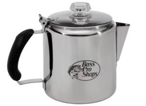 This camping gift guide photo shows the Bass Pro Shops Stainless Steel Percolator Coffee Pot for camping.