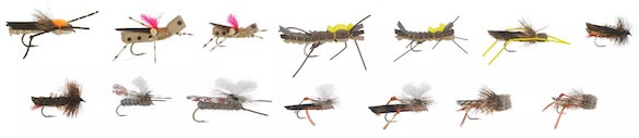 This photo shows fly fishing flies in a hopper pattern collection.