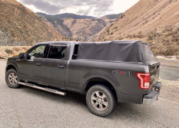 This photo shows the Fas-Top Travel Package with the top up on a Ford F-150 pickup.