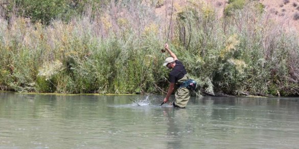 This photo shows the author wearing waders for beginners while fishing in a river.