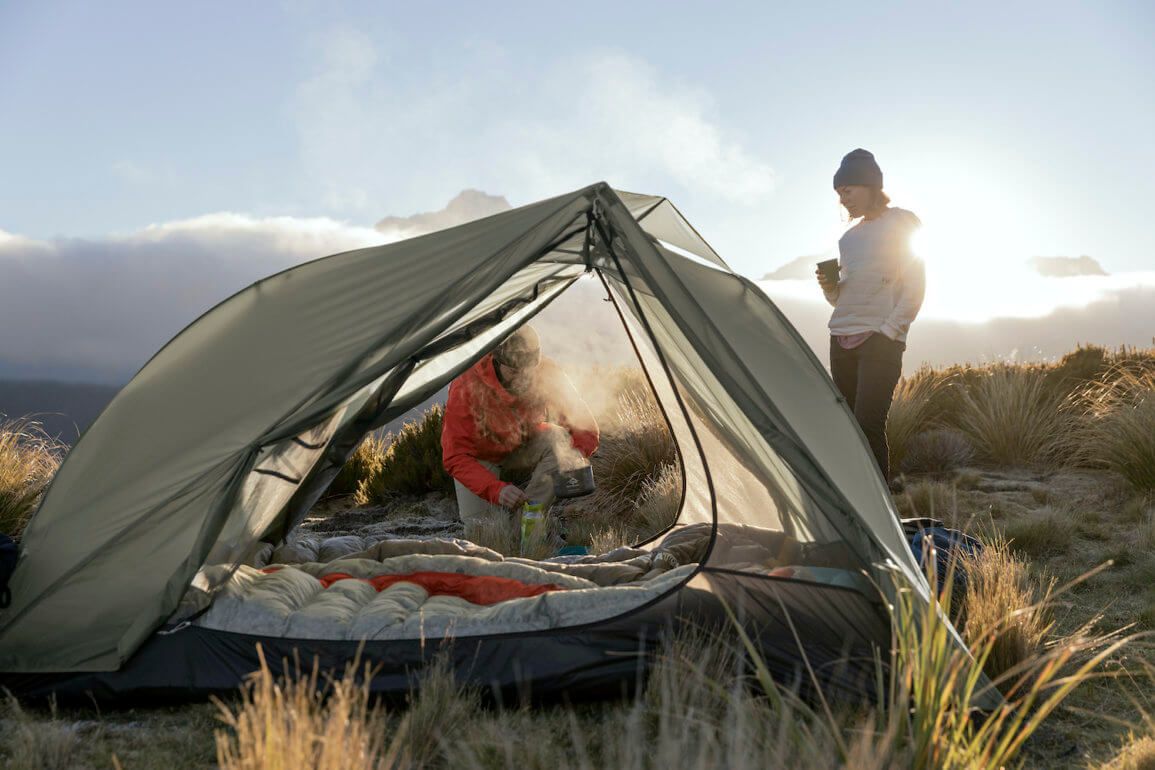 This photo shows the Sea to Summit Alto TR2 tent pitched outside in the mountains.