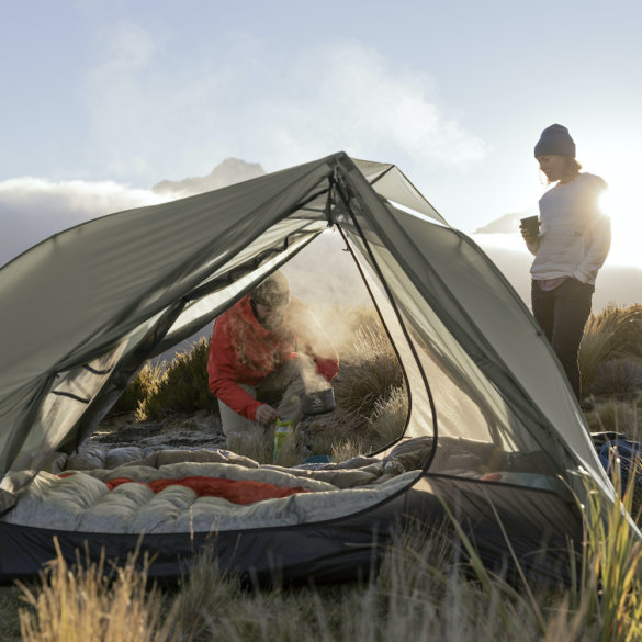 This photo shows the Sea to Summit Alto TR2 tent pitched outside in the mountains.