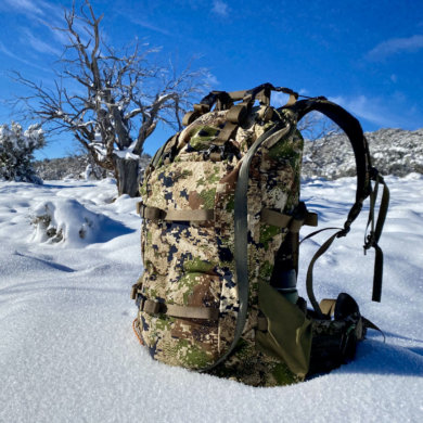 This review photo shows the Mystery Ranch Sawtooth 45 hunting backpack outside on a Nevada mountain during testing while hunting for elk.