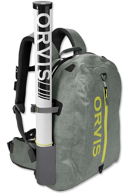 This best fishing backpack photo shows the Orvis Waterproof Backpack for fishing in wet conditions.