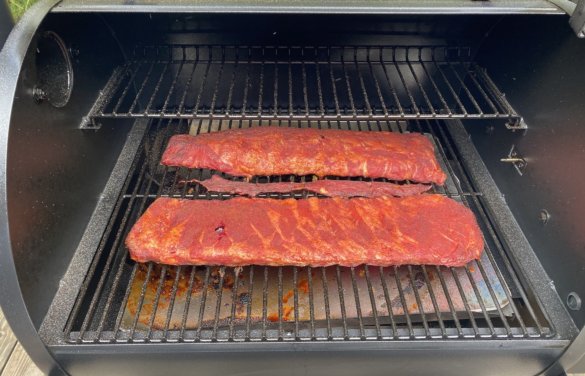 This Traeger review photo shows ribs cooking on the Traeger Pro 575 Pellet Grill.
