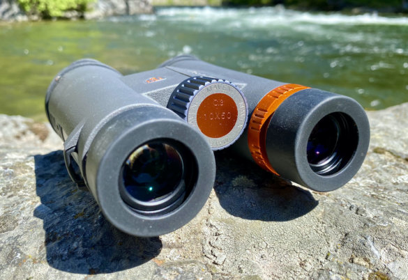 This photo shows a closeup of the Maven C.3 10x50 binoculars.