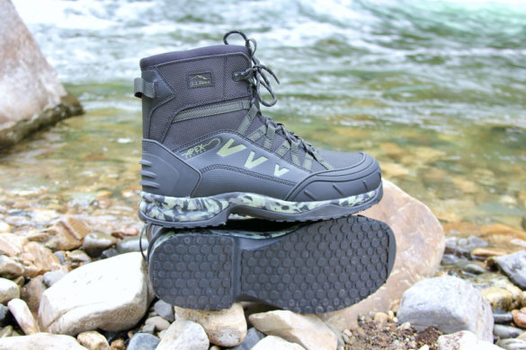 This photo shows the men's L.L.Bean Apex Wading Boots from a side profile with one sole exposed. 