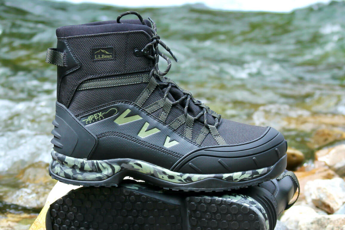 This review photo shows the author's L.L.Bean Apex Wading Boots near a river during the testing and review process.