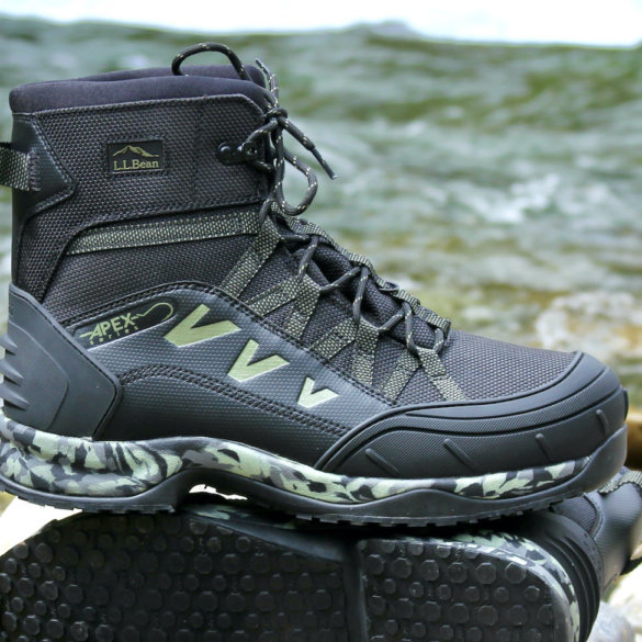 This review photo shows the author's L.L.Bean Apex Wading Boots near a river during the testing and review process.