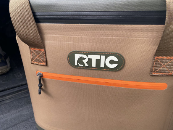 This review photo shows a closeup of the front of the RTIC Soft Pack 30 Cooler.