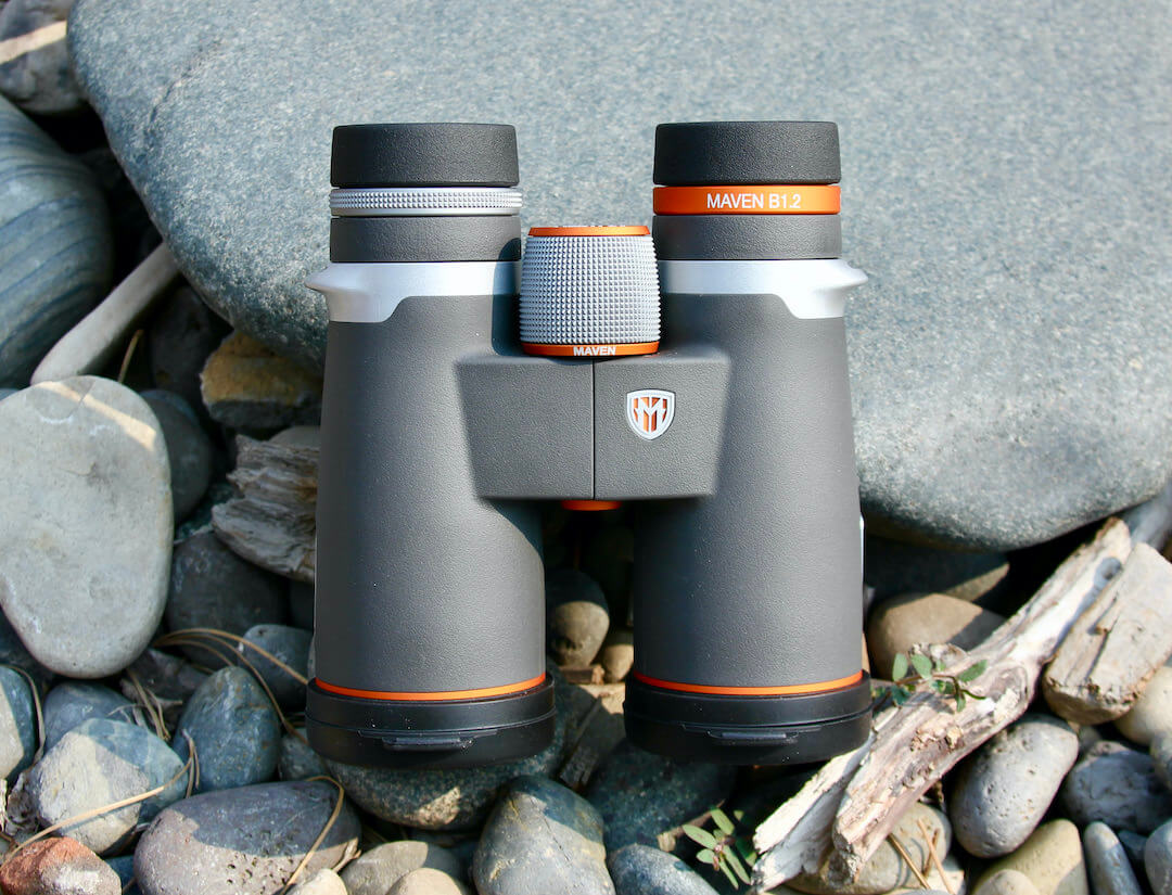 This review photo shows the new Maven B1.2 10x42 binoculars during the testing process.