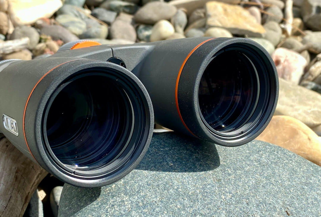 This photo shows the adjustable eye cups extended on the Maven B1.2 binoculars.
