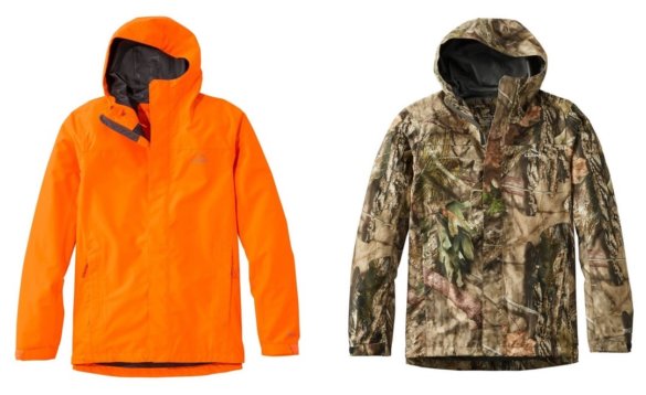 This photo shows the L.L.Bean Northwoods Rain Jacket in Hunter Orange next to the Mossy Oak Country option. 