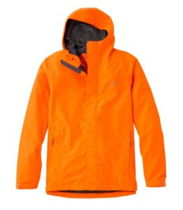 This photo shows the L.L.Bean Northwoods Rain Jacket in the 'Hunter Orange' color option.
