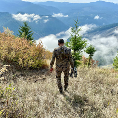 This photo shows the author testing the Under Armour UA Ridge Reaper Raider HD Pants while archery hunting during the review process.