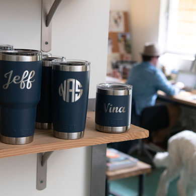 This photo shows some examples of YETI custom rambler drinkware.