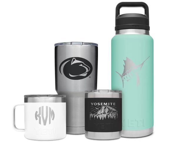This photo shows YETI rambler drinkware with custom monograms and illustrations.