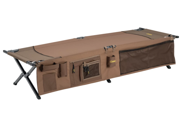 This best camping cot photo shows the Cabela's Camp Cot with Organizer.