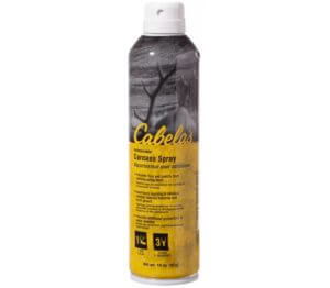 This product photo shows a can of Cabela's Antimicrobial Carcass Spray for hunters.