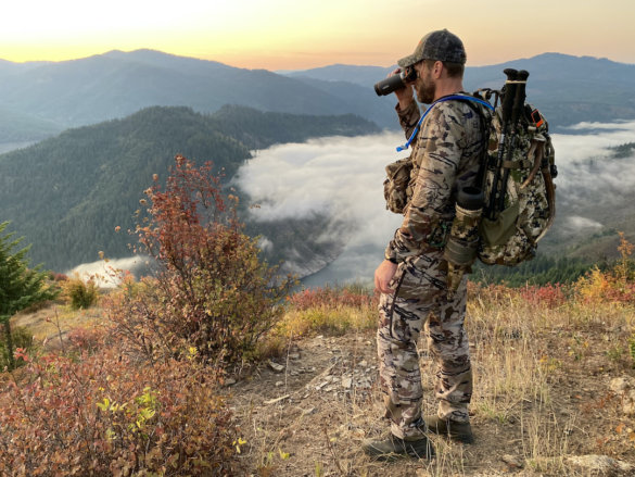 This photo shows the author using the Maven B.6 12x50 Binoculars while hunting during the review process.