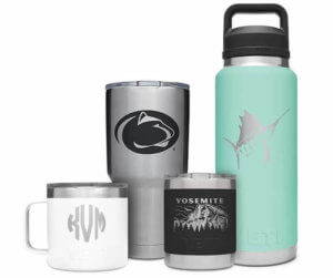 This photo shows YETI Rambler custom drinkware mugs and bottles.