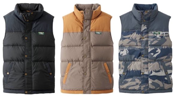 This photo shows the L.L.Bean Mountain Classic Down Vest and the Mountain Classic Down Vest, Colorblock version, and the Mountain Classic Down Vest, Print, version next to each other.