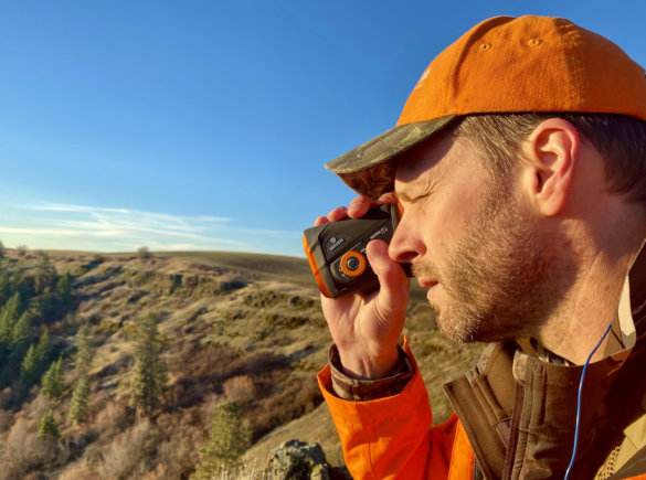 This review photo shows the author using the Maven RF.1 Rangefinder while hunting during the testing process.