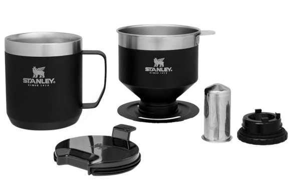 This outdoor gift photo shows the Stanley Classic Perfect-Brew Pour Over Set for making coffee while camping or enjoying the great outdoors.