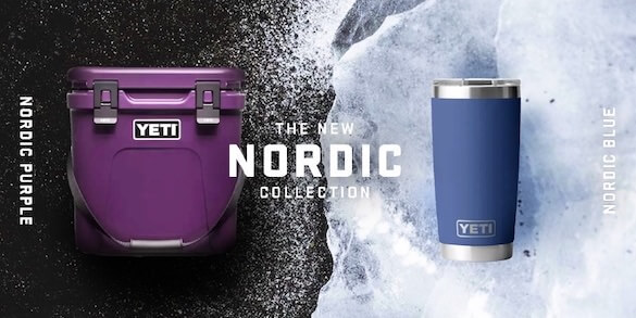 This photo shows YETI's new limited edition Nordic color collection colors in a cooler and mug.