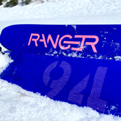 This photo shows a closeup of the Fischer Ranger 94 FR skis in the snow.