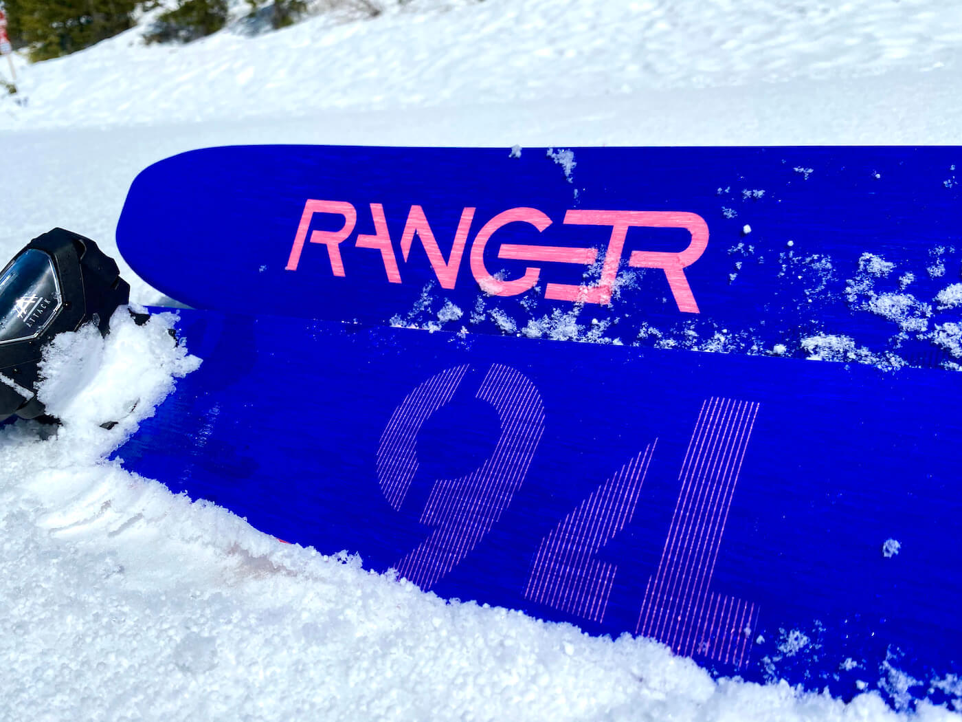 This photo shows a closeup of the Fischer Ranger 94 FR skis in the snow.