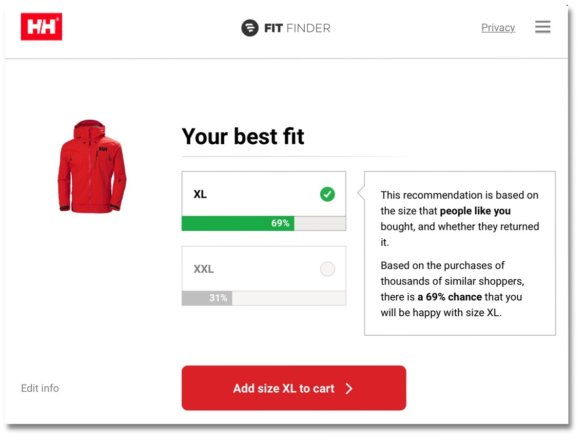This photo shows the Helly Hansen Fit Finder results.