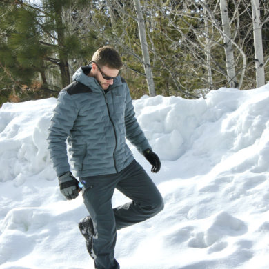 This photo shows the author wearing the Stio Skillet Stretch Down Hooded Jacket during the testing and review process.