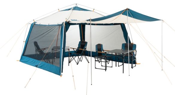 This photo shows the Eureka! Northern Breeze Screen House with camping chairs and camp tables.
