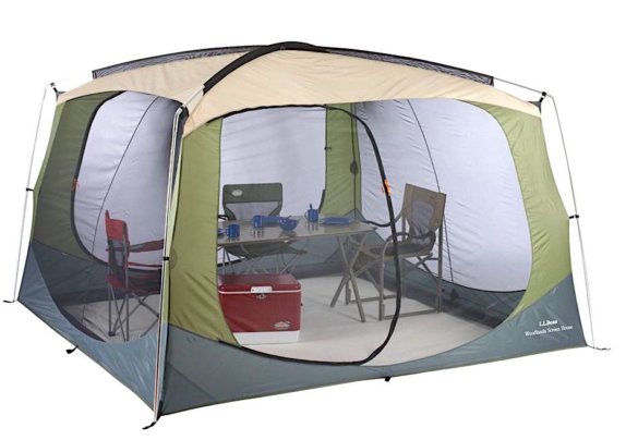 This photo shows the L.L.Bean Woodlands Screen House with camping chairs and a camping cooler inside.