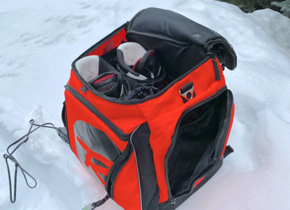 This photo shows the Rossignol Hero Heated Boot Bag with the author's ski boots inside.